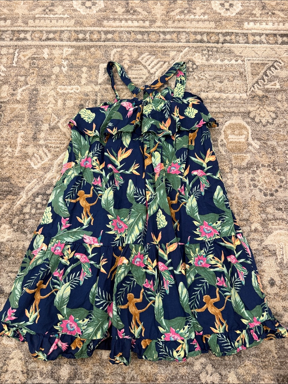Janie and Jack Navy Dress with Pink & Green Tropical Print size 7